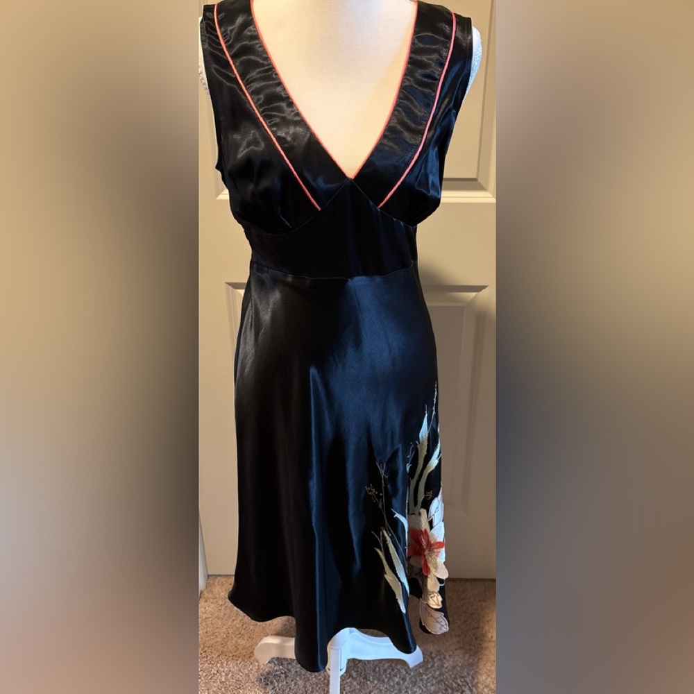 Silky Black Satin Slip Dress with colorful trim and embroidery
